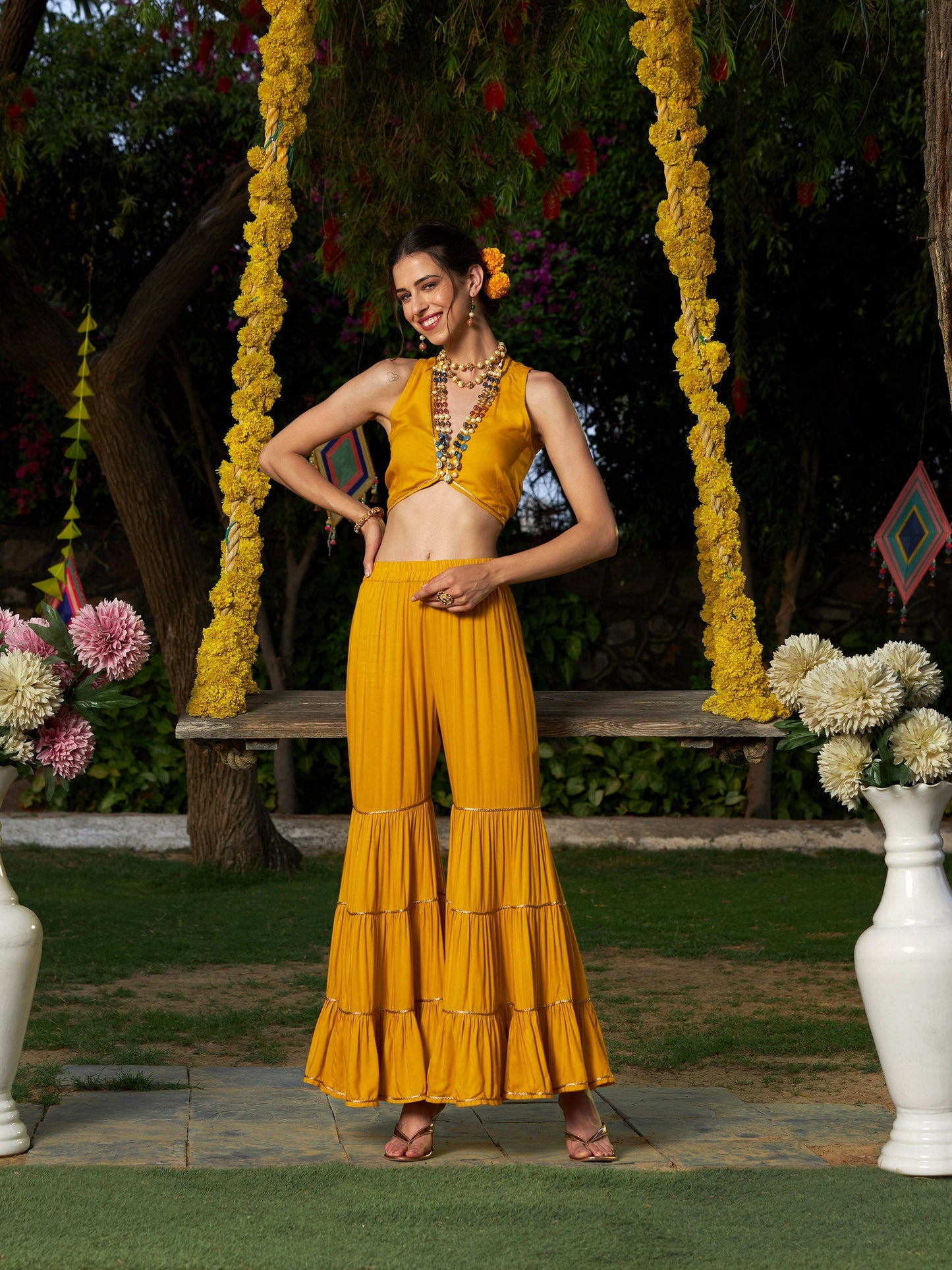 Yellow Crop Top With Tiered Sharara And Emb Cape