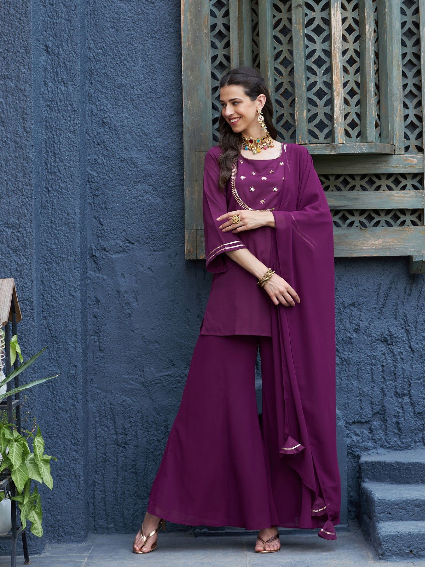 Burgundy Emb Short Kurta With Palazzo And Dupatta