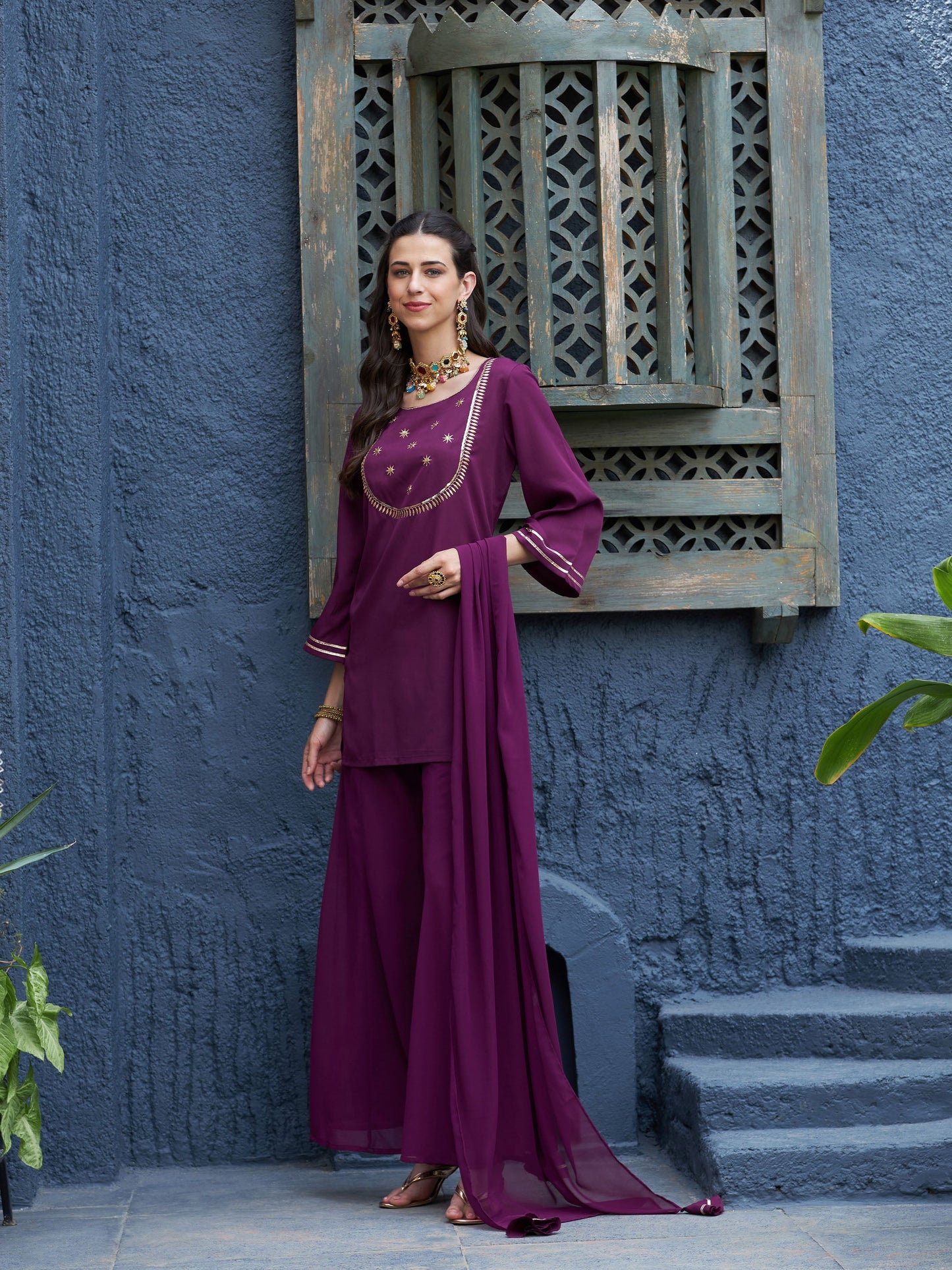 Burgundy Emb Short Kurta With Palazzo And Dupatta