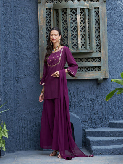 Burgundy Emb Short Kurta With Palazzo And Dupatta