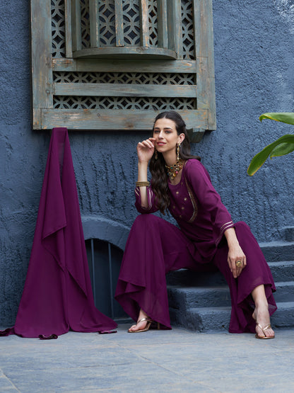 Burgundy Emb Short Kurta With Palazzo And Dupatta
