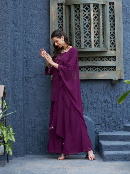 Burgundy Emb Short Kurta With Palazzo And Dupatta