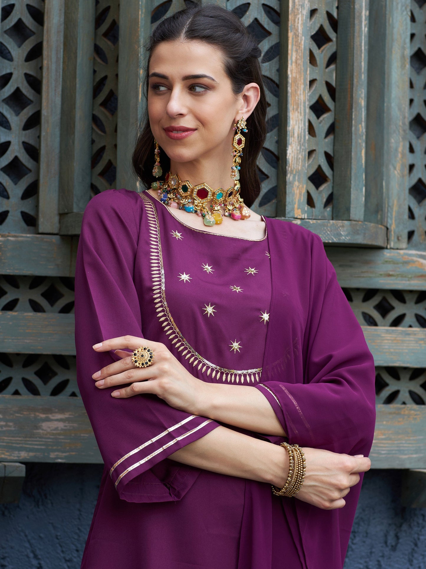 Burgundy Emb Short Kurta With Palazzo And Dupatta