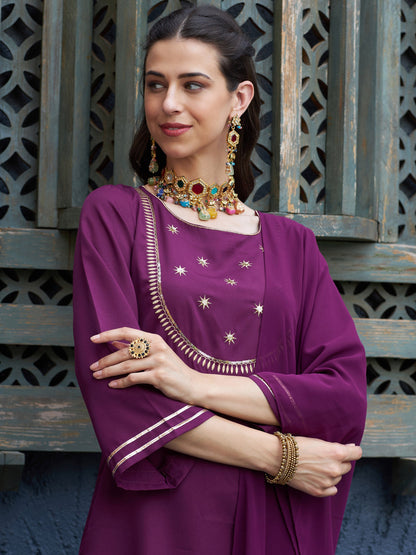 Burgundy Emb Short Kurta With Palazzo And Dupatta