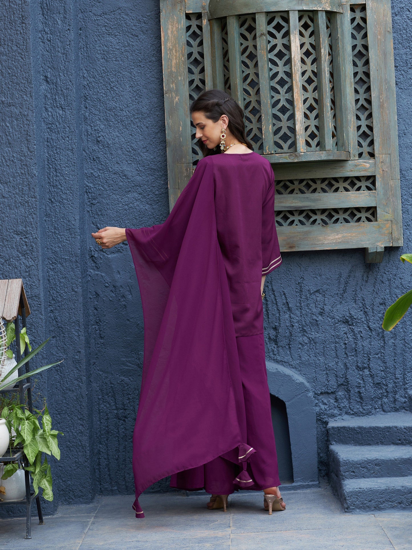 Burgundy Emb Short Kurta With Palazzo And Dupatta