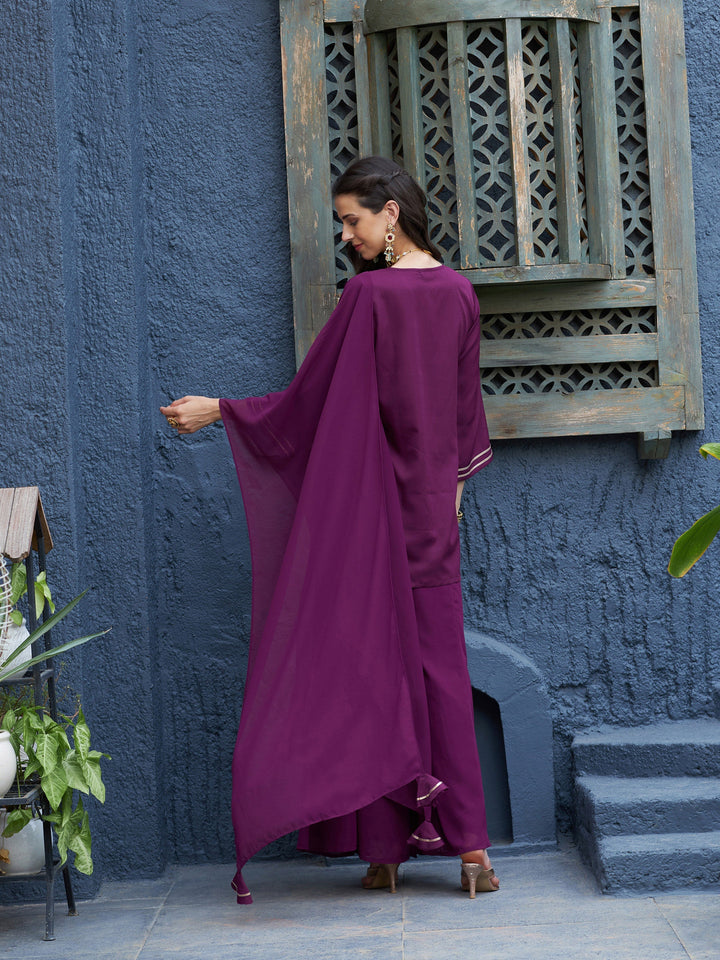 Burgundy Emb Short Kurta With Palazzo And Dupatta