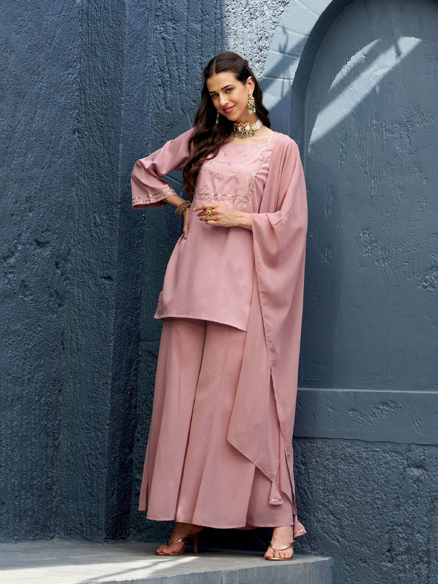 Baked Pink EmbShort Kurta With Palazzo And Dupatta