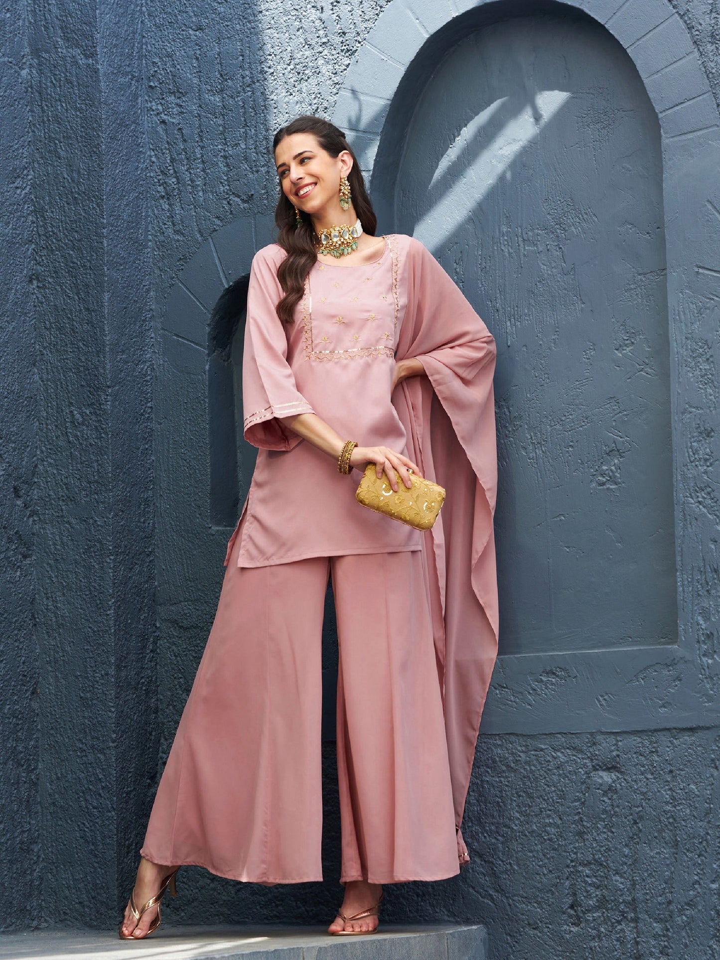 Baked Pink EmbShort Kurta With Palazzo And Dupatta