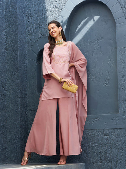 Baked Pink EmbShort Kurta With Palazzo And Dupatta
