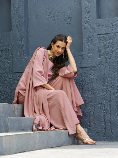 Baked Pink EmbShort Kurta With Palazzo And Dupatta