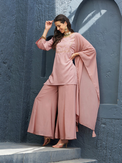 Baked Pink EmbShort Kurta With Palazzo And Dupatta