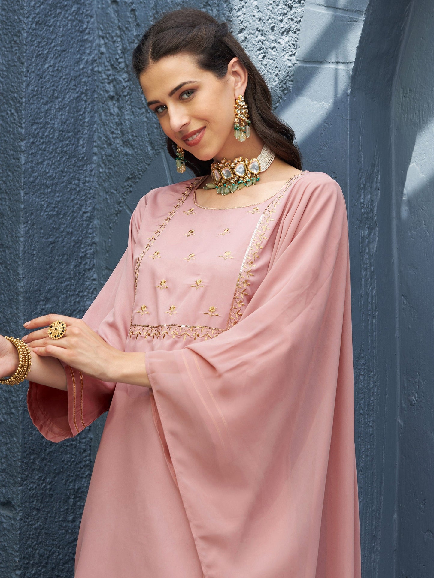 Baked Pink EmbShort Kurta With Palazzo And Dupatta