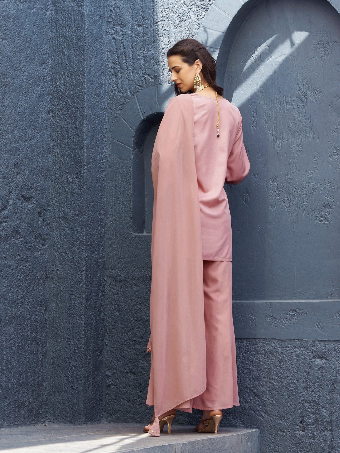 Baked Pink EmbShort Kurta With Palazzo And Dupatta
