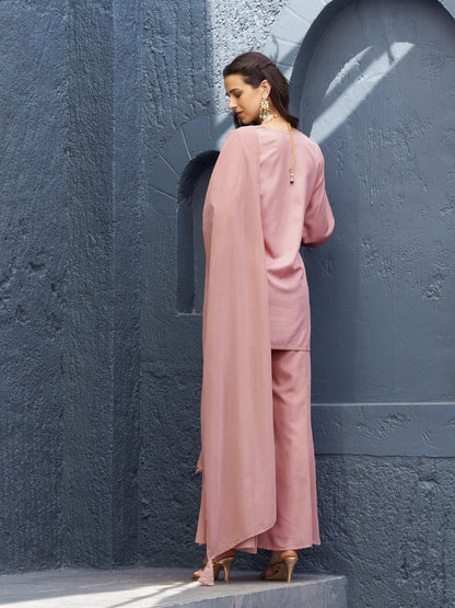 Baked Pink EmbShort Kurta With Palazzo And Dupatta