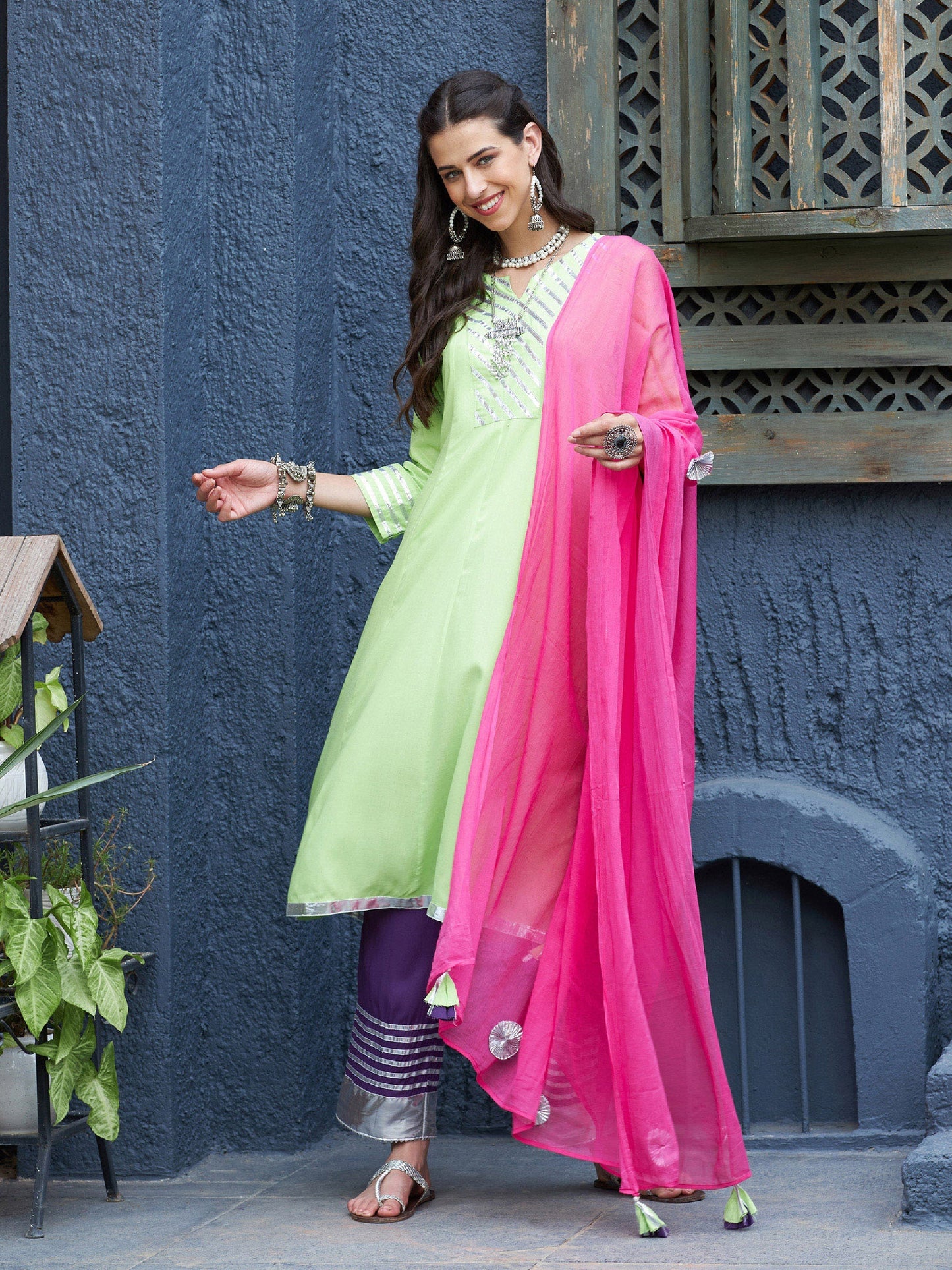 Green & Purple Gota Anarkali Kurta Set With Fuchsia Dupatta