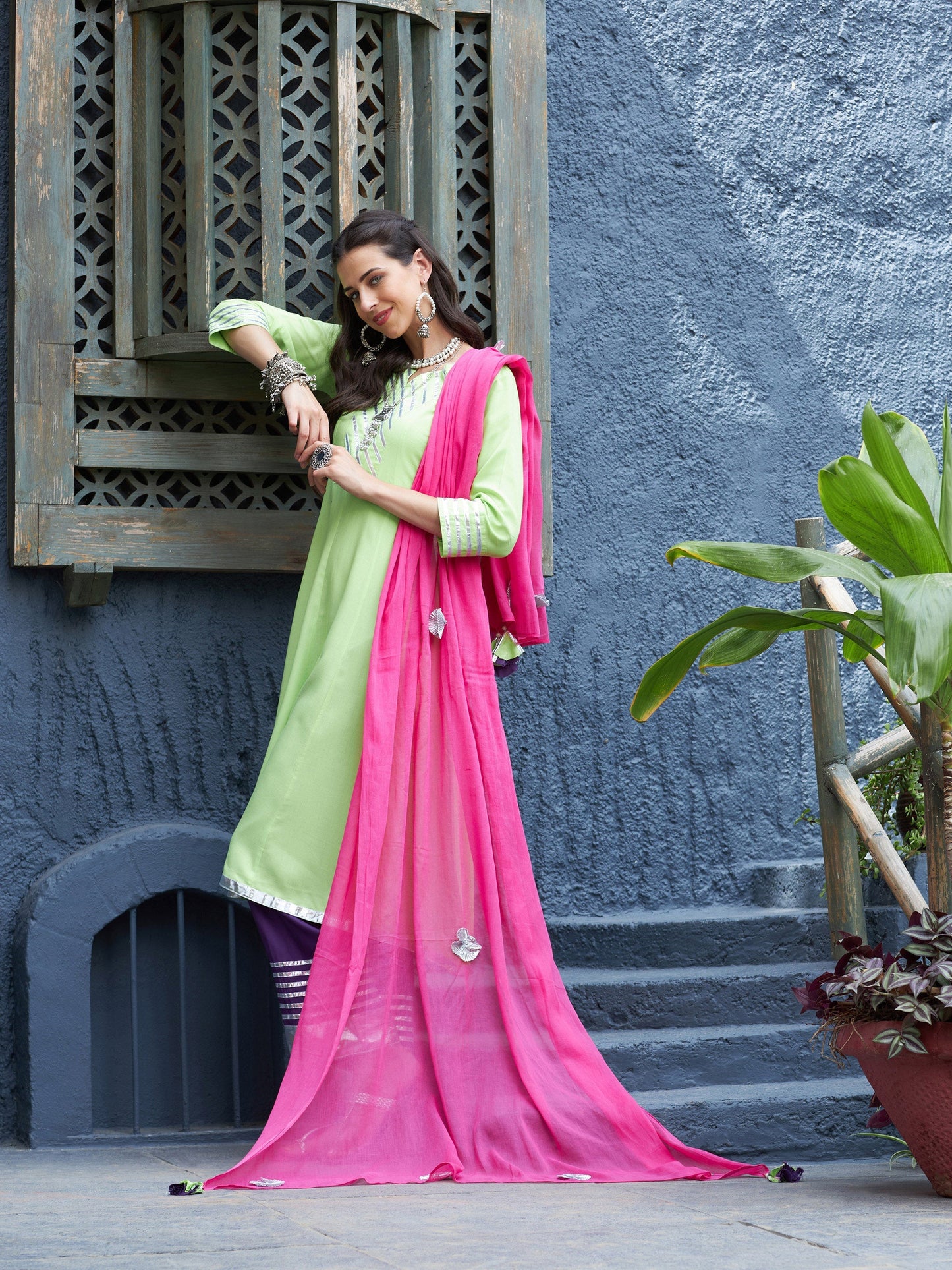 Green & Purple Gota Anarkali Kurta Set With Fuchsia Dupatta
