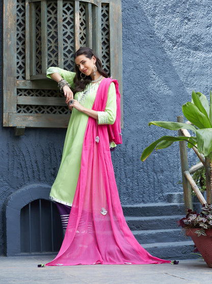 Green & Purple Gota Anarkali Kurta Set With Fuchsia Dupatta