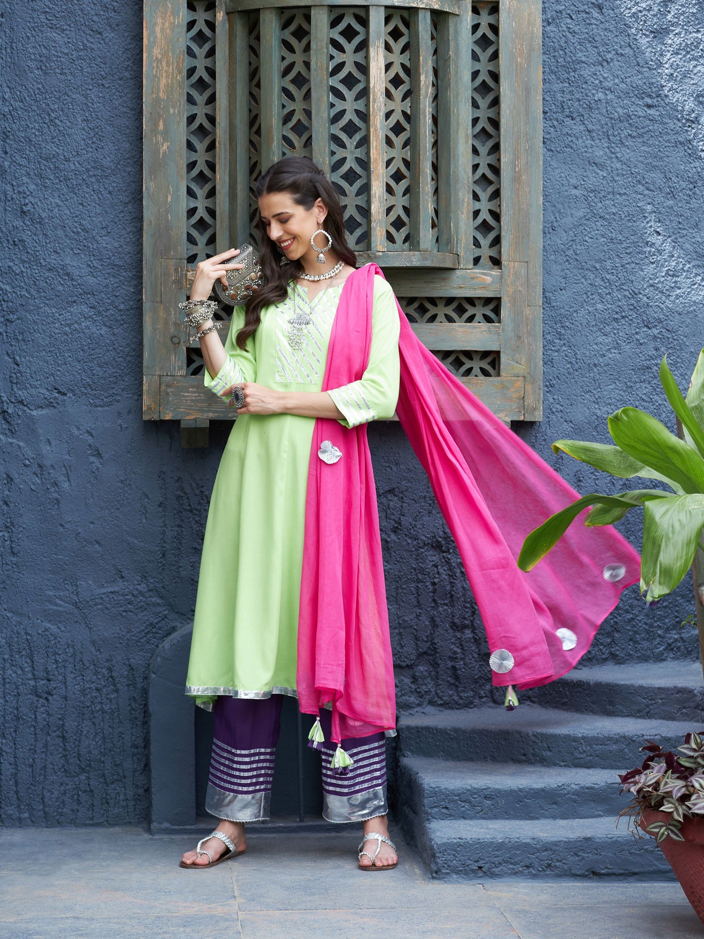 Green & Purple Gota Anarkali Kurta Set With Fuchsia Dupatta