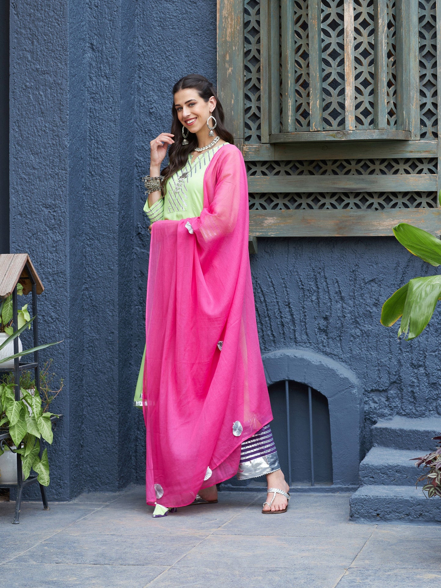 Green & Purple Gota Anarkali Kurta Set With Fuchsia Dupatta