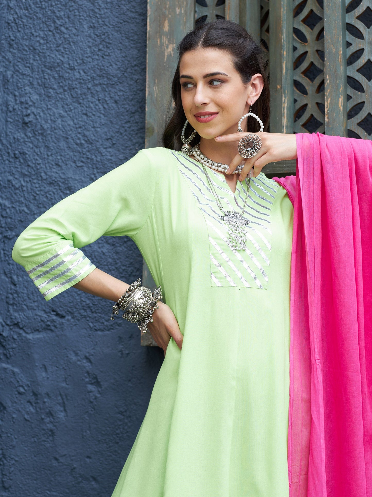 Green & Purple Gota Anarkali Kurta Set With Fuchsia Dupatta