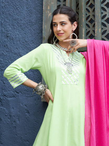Green & Purple Gota Anarkali Kurta Set With Fuchsia Dupatta