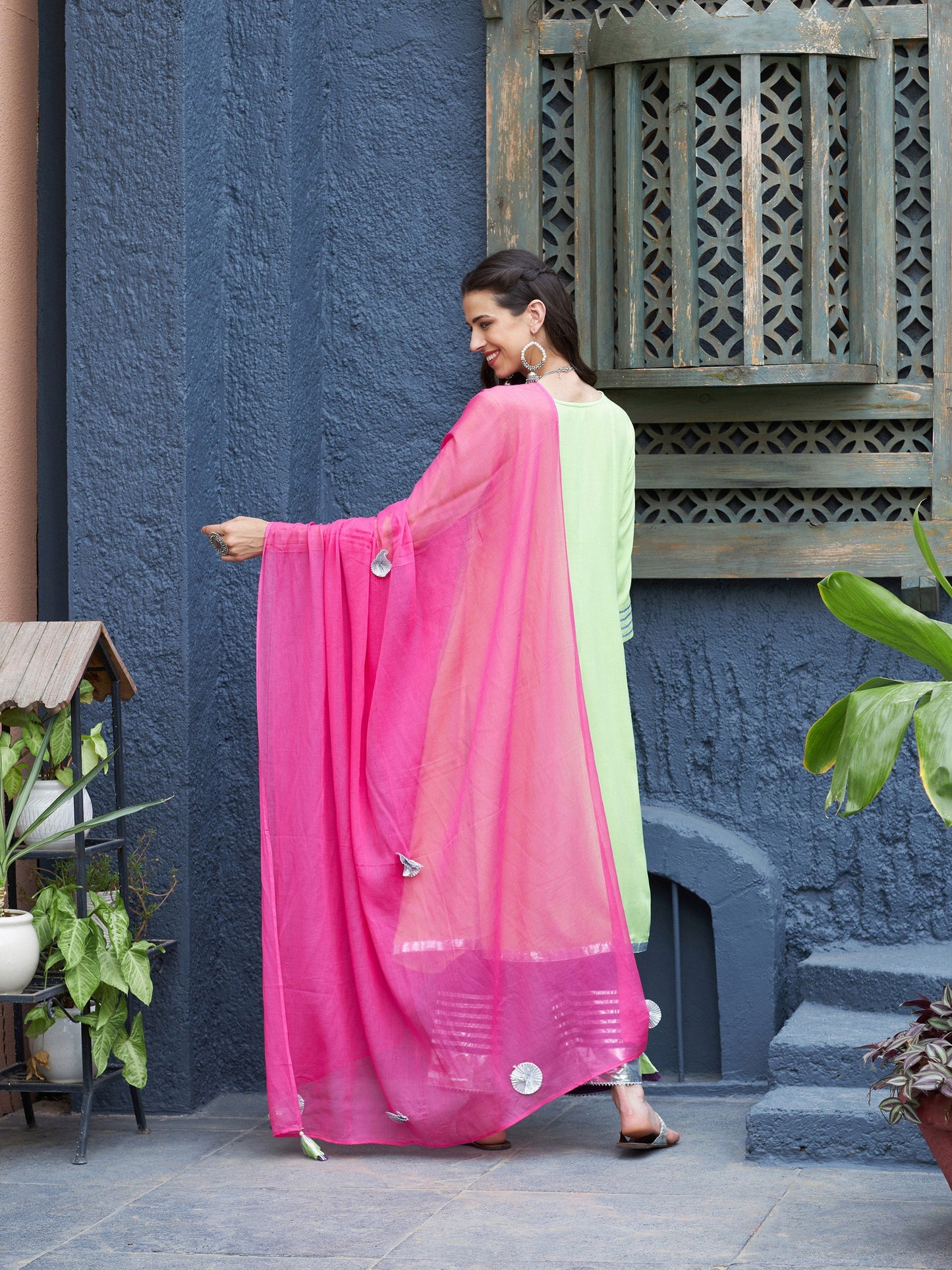 Green & Purple Gota Anarkali Kurta Set With Fuchsia Dupatta