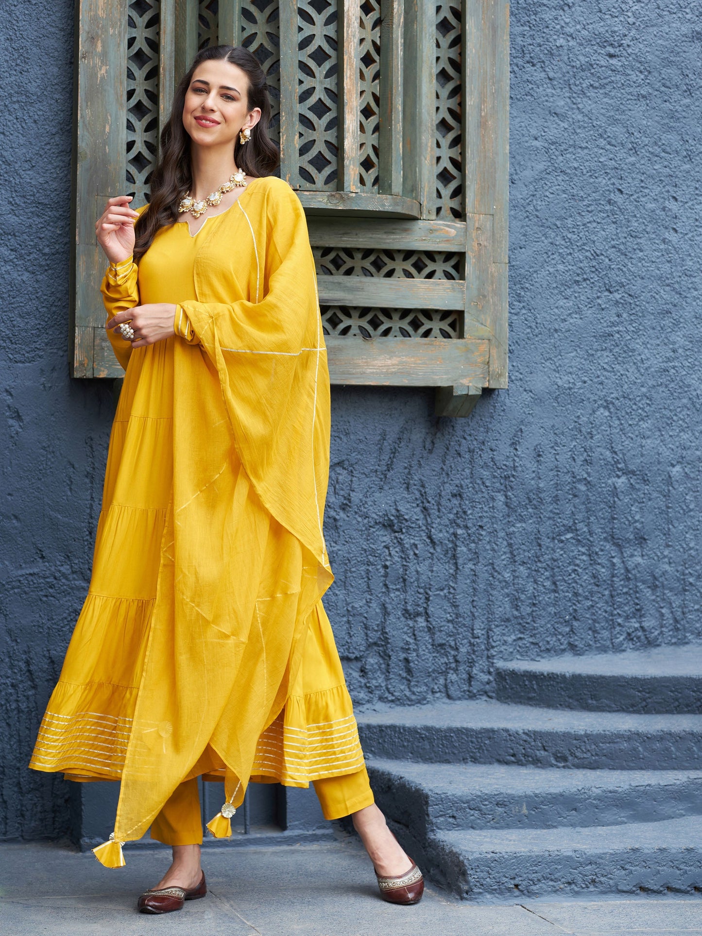 Mustard Tiered Kurta Set With Gota Dupatta