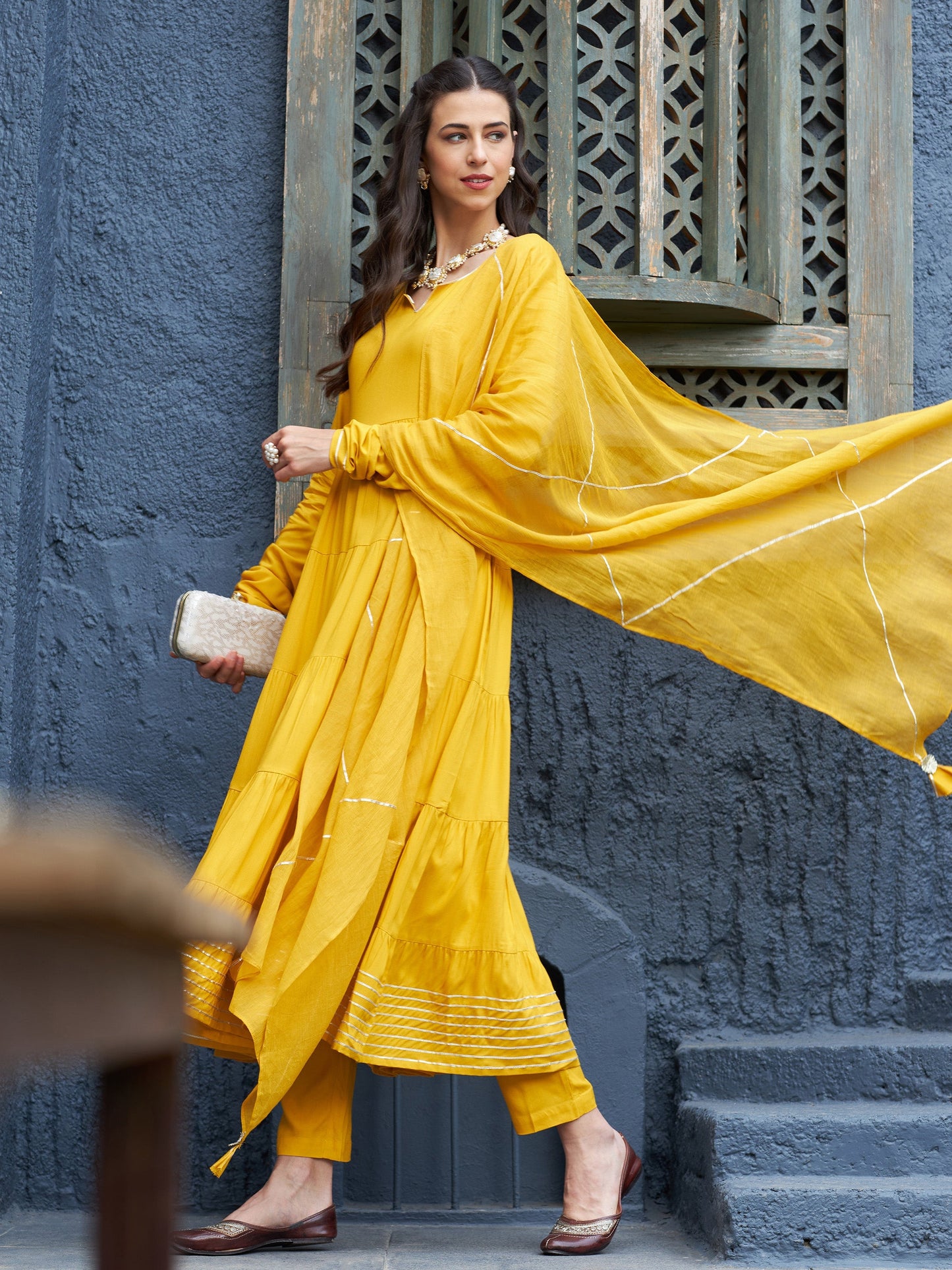 Mustard Tiered Kurta Set With Gota Dupatta