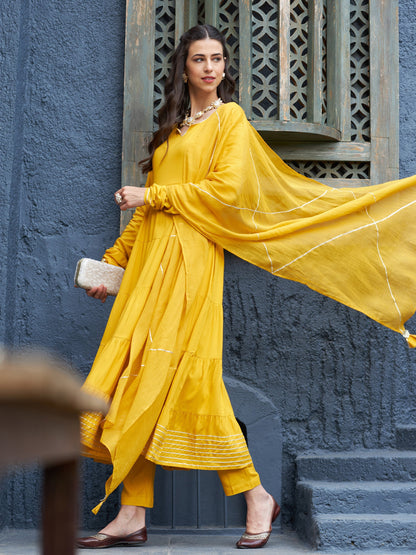 Mustard Tiered Kurta Set With Gota Dupatta
