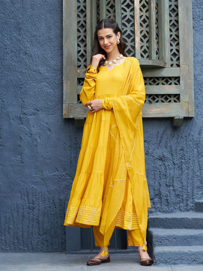 Mustard Tiered Kurta Set With Gota Dupatta