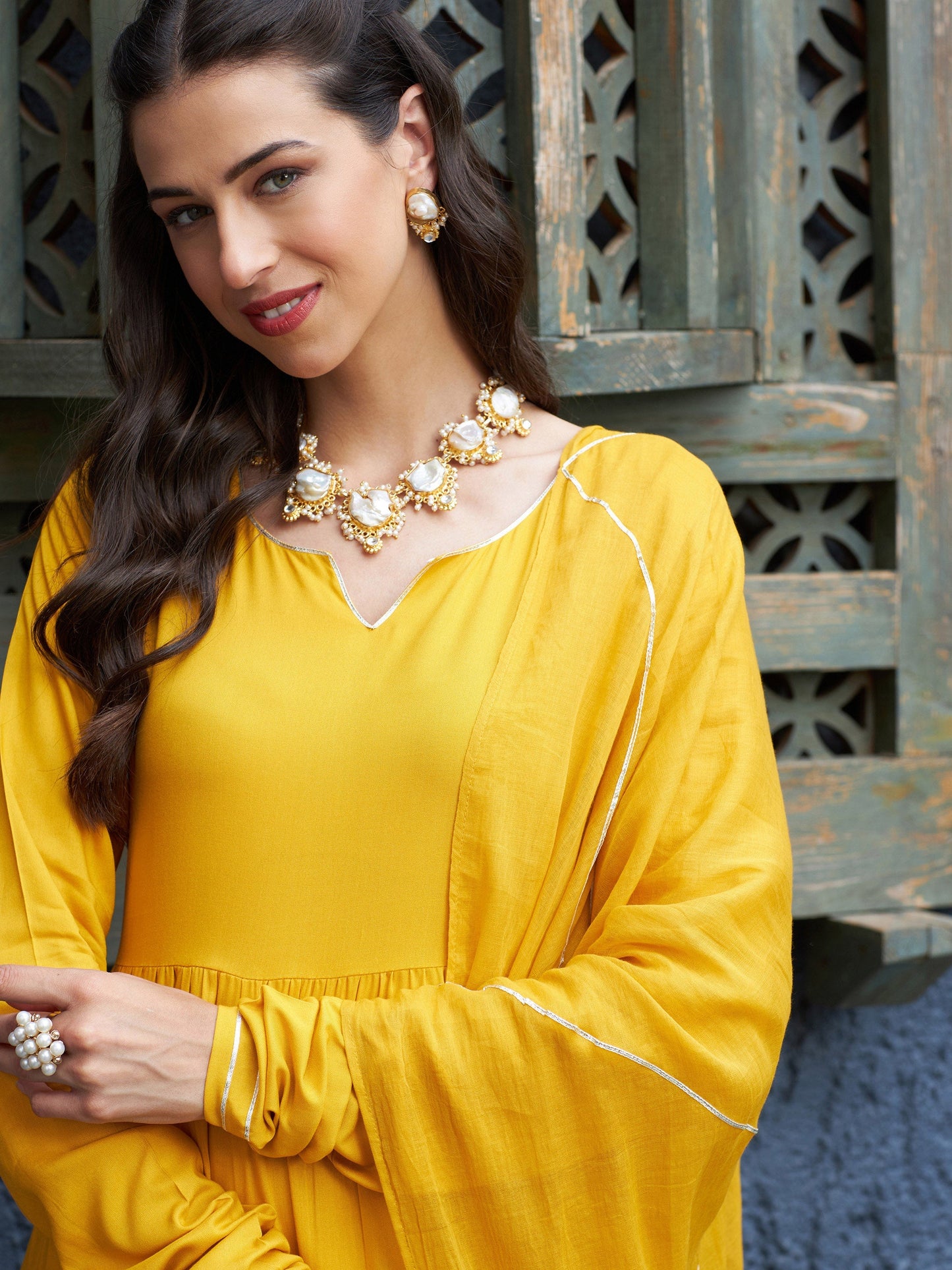 Mustard Tiered Kurta Set With Gota Dupatta