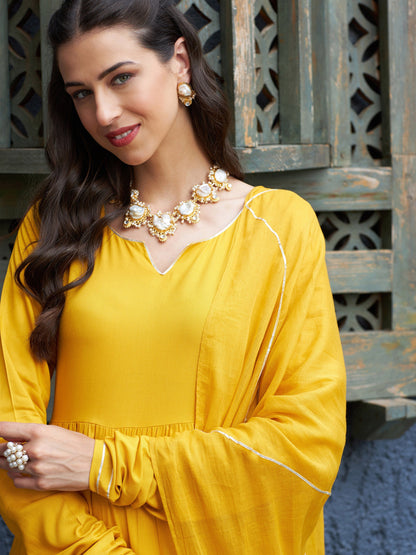 Mustard Tiered Kurta Set With Gota Dupatta