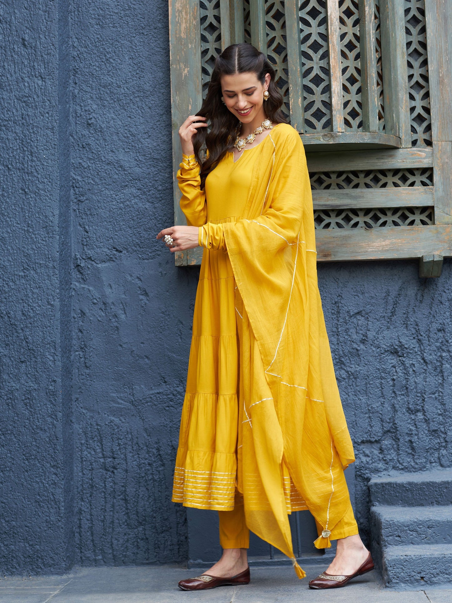 Mustard Tiered Kurta Set With Gota Dupatta