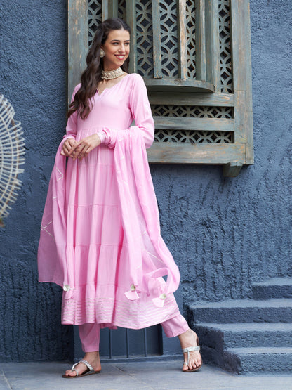 Pink Tiered Kurta Set With Gota Dupatta