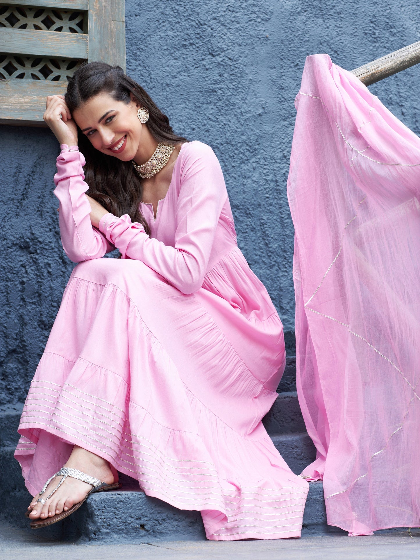 Pink Tiered Kurta Set With Gota Dupatta