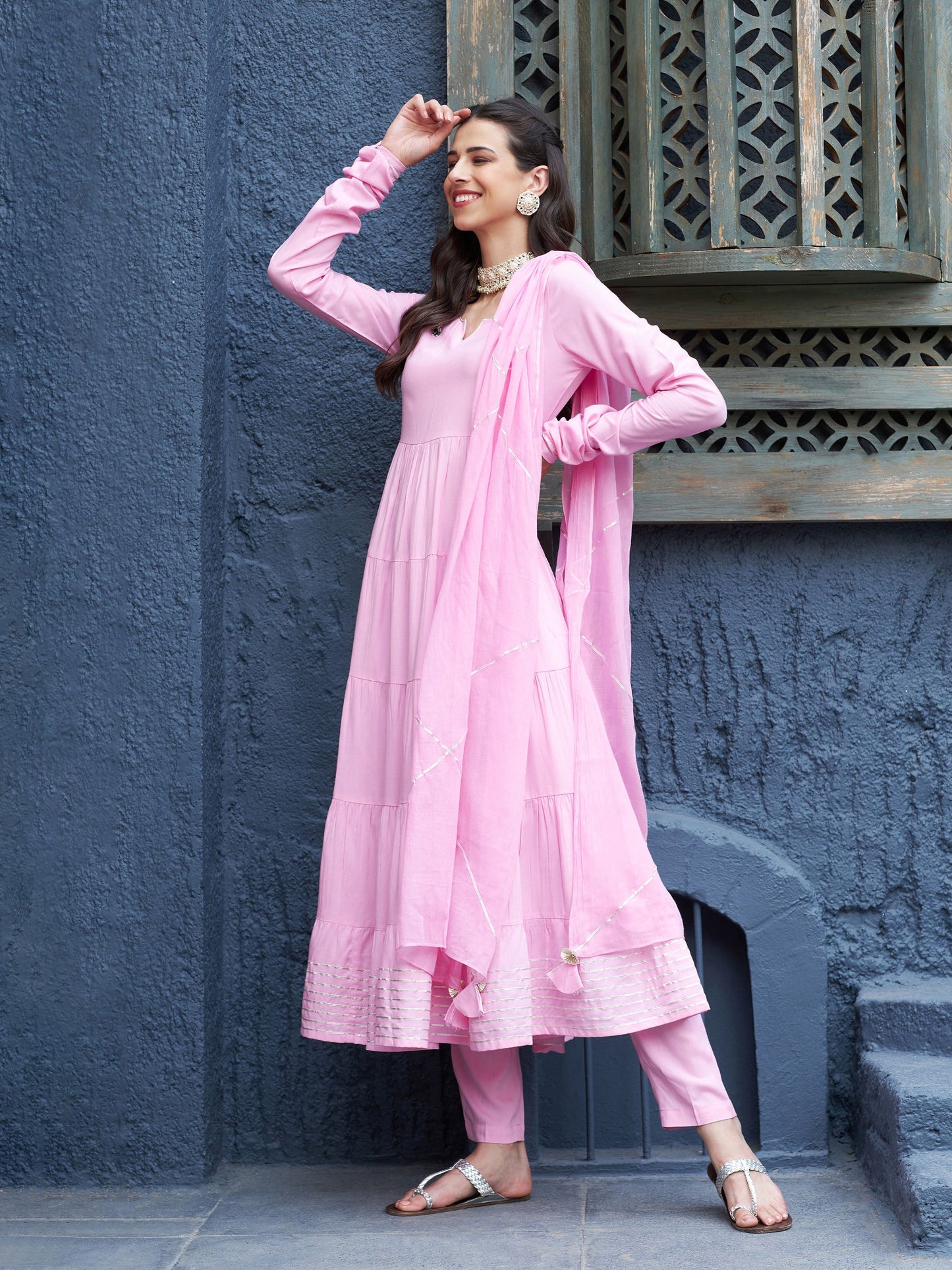 Pink Tiered Kurta Set With Gota Dupatta