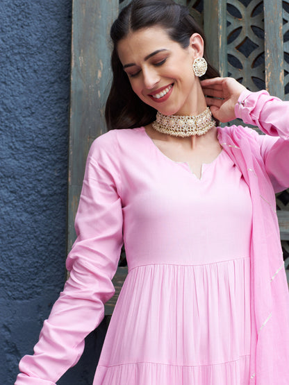Pink Tiered Kurta Set With Gota Dupatta