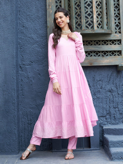 Pink Tiered Kurta Set With Gota Dupatta