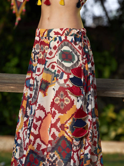 Beige Ikat Cold Shoulder Crop Top With Flared Skirt