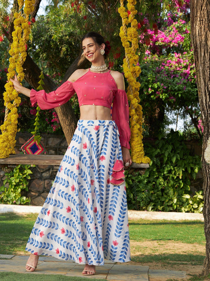 Pink Embroidered Crop Top With Lotus Print Flared Skirt