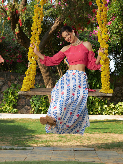 Pink Embroidered Crop Top With Lotus Print Flared Skirt
