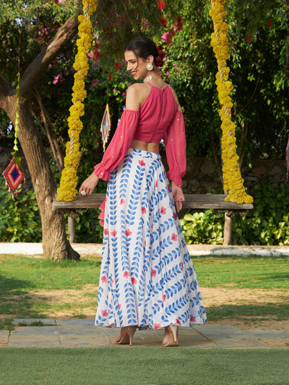 Pink Embroidered Crop Top With Lotus Print Flared Skirt