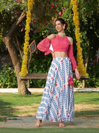 Pink Embroidered Crop Top With Lotus Print Flared Skirt