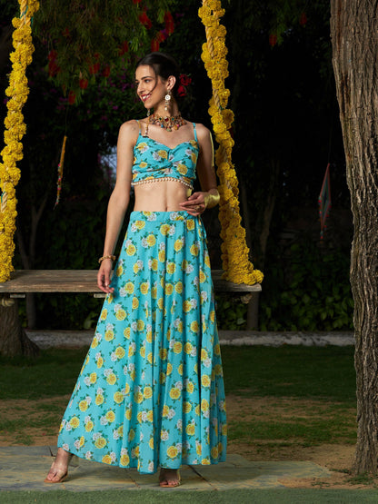 Green Floral Strappy Crop Top With Bias Flared Skirt