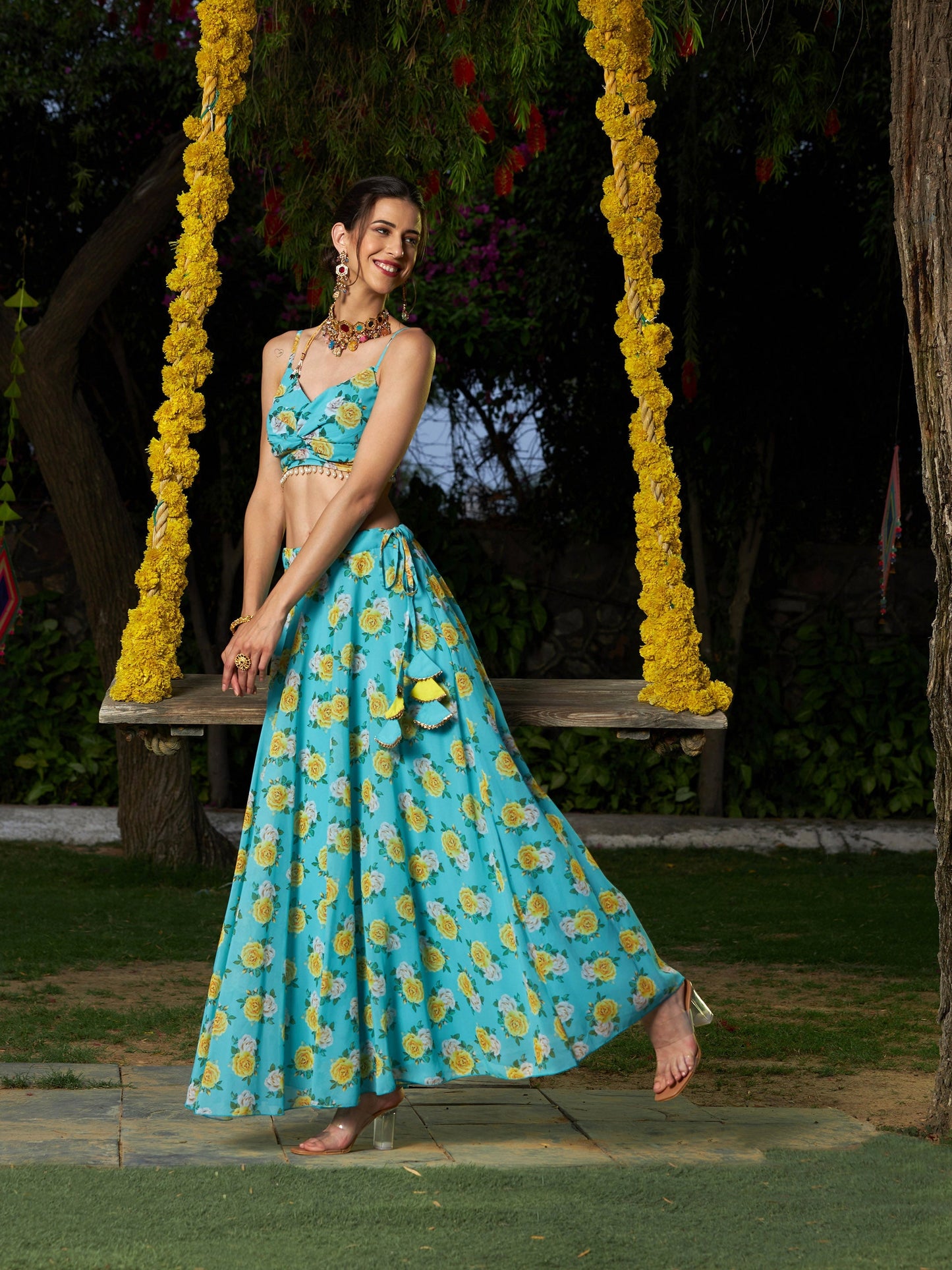 Green Floral Strappy Crop Top With Bias Flared Skirt