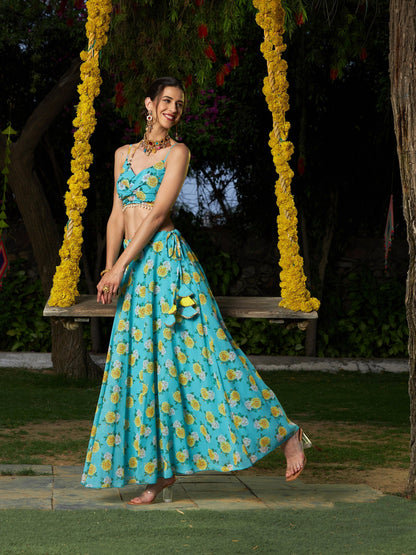 Green Floral Strappy Crop Top With Bias Flared Skirt