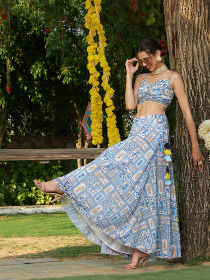 Blue Floral Strappy Crop Top With Bias Flared Skirt