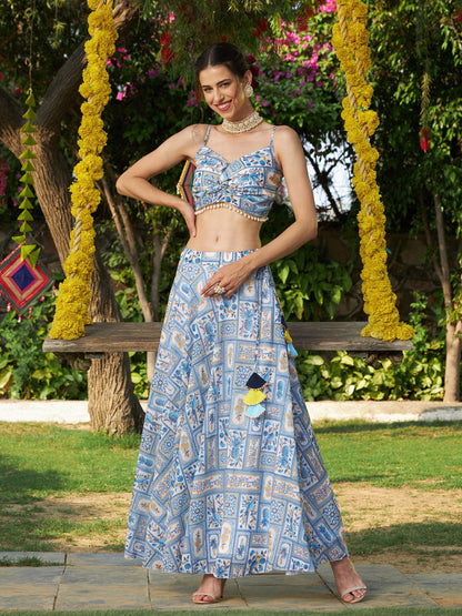 Blue Floral Strappy Crop Top With Bias Flared Skirt
