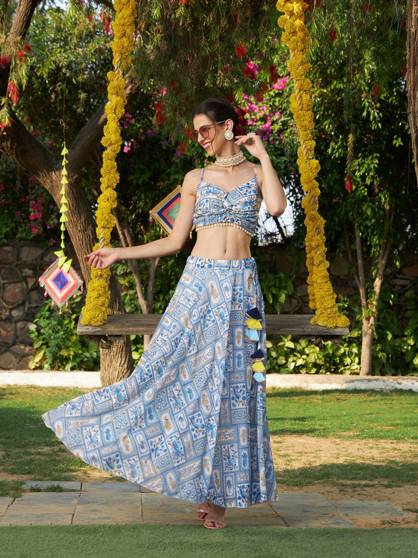 Blue Floral Strappy Crop Top With Bias Flared Skirt