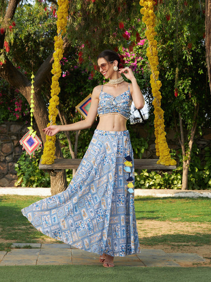 Blue Floral Strappy Crop Top With Bias Flared Skirt